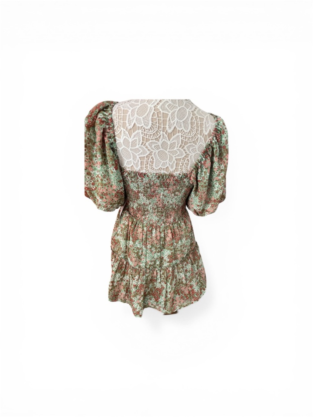 Floral Lace-Yoke Puff Sleeve Mini Dress in Mint and Rose - Picture 3 of 3